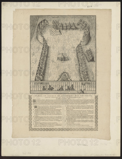Assembly of Notables in Rouen in 1617, Ziarnko, Jan (1575–1630), draughtsman; Le Clerc, Jean (publisher; fl. ca. 1587–1621), publisher; France; filigrees; debates; Polish graphics; Orléans, Gaston d' (duke; 1608–1660); Order of the Holy Spirit; Three Lilies (coat of arms of the kingdom of France); state II; 1617; Paris; graphic print, poster; height 31 cm, width 26 cm; compare another copy: Gr.Pol.5816