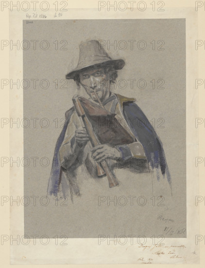 Italian bagpiper, painted by Leon Kaplinski (1826–1873), 1861, Rome. Watercolor drawing, height 29.8 cm, width 22.2 cm. Featuring an Italian bagpiper — folk music/folk type subject; includes dedication and filigree details.