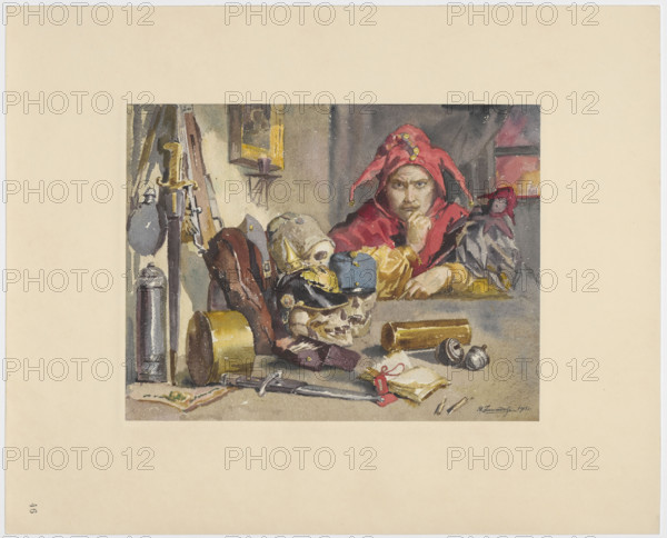 Stanczyk, Zawadzki, Stanislaw Jan (1878–1960), painter; Stanczyk (ca.1480–ca.1560); Paderewski, Ignacy Jan (1860–1941); World War I (1914–1918); Zawadzki, Stanislaw — iconography, self-portraits, allegorical portraits; symbolism (style); Poland; Polish drawings; portraits; male portraits; artists; painters; weapons; skulls; cold weapons; firearms; Germans; uniforms; Russians; Partitions of Poland (1772–1795); Austrians; paintings in composition; 1915; portfolio; drawing; watercolor