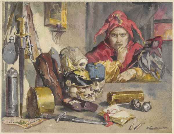 Stanczyk; Zawadzki, Stanislaw Jan (1878–1960), painter; Stanczyk (ca. 1480–ca. 1560); Paderewski, Ignacy Jan (1860–1941); World War I (1914–1918); Zawadzki, Stanislaw — iconography, self-portraits, allegorical portraits; symbolism (style); Poland; Polish drawings; portraits; male portraits; artists; painters; weapons; skulls; cold weapons; firearms; Germans; uniforms; Russians; Partitions of Poland (1772–1795); Austrians; paintings in composition; Portfolio of artists of the Society of Fine Arts — a gift for Ignacy Jan Paderewski (1931); 1915; portfolio; drawing; watercolor