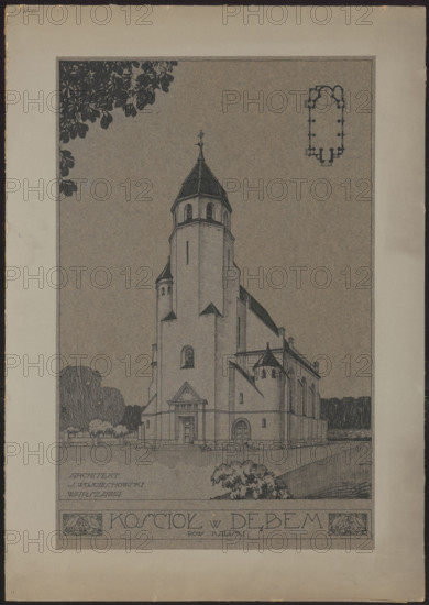 Debe (Dembe). Parish Church of the Blessed Virgin Mary. General view, bottom plan; Wojciechowski, Jaroslaw (1874-1942). Churches, Debe (Greater Poland Voivodeship). Modernism, traditionalism; 1912. Drawing — architectural drawing, architectural design.
