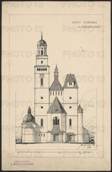 Grodzisk. Parish Church of St. Anne. Reconstruction project never realized. Front elevation. Wojciechowski, Jaroslaw (1874–1942). Churches, Grodzisk Mazowiecki (Masovian Voivodeship). Modernism, traditionalism. Scale in meters at the bottom. 1913. Architectural drawing/design. Height 40.7 cm, width 26.3 cm.