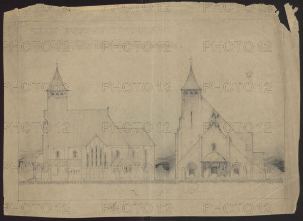Czestochowa. Church in Raków. Unrealized project. Front elevation, side elevation. Wojciechowski, Jaroslaw (1874–1942). Towns, Czestochowa (Silesian Voivodeship). Modernism (style). 1911. Drawing; architectural drawing, architectural design. Height 37 cm; width 50.8 cm.