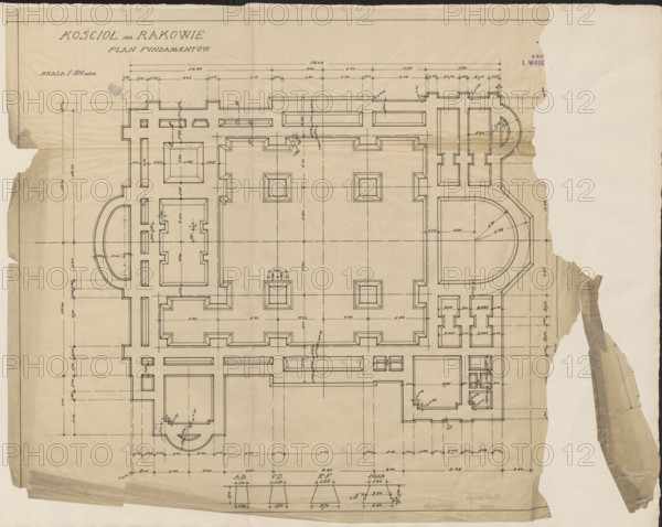 Czestochowa. Church in Raków. Unrealized project. Foundation plan. Wojciechowski, Jaroslaw (1874–1942). Architecture, churches. Towns, Czestochowa (Silesian Voivodeship). Modernism (style). 1911. Drawing; architectural drawing; architectural design. Height 40.5 cm; width 57.5 cm.