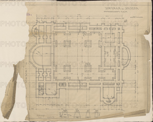 Czestochowa. Church in Raków. Unrealized project. Foundation plan. Wojciechowski, Jaroslaw (1874–1942). Architecture; churches. Towns, Czestochowa (Silesian Voivodeship). Modernism (style). 1911. Drawing; architectural drawing; architectural design. Height 40.5 cm; width 57.5 cm.