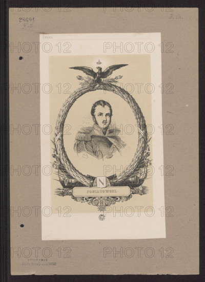 Bust of Prince Józef Poniatowski, graphic artist; subject: Poniatowski, Józef Antoni (1763–1813) in panoply, laurel wreath (attribute), wearing the Order of the Legion of Honour; includes portrait of Napoleon I Bonaparte (1769–1821) as related figure; style: French graphics, male portrait bust; maker: Witke-Jezewski, Dominik (1862–1944); iconography, Napoleonic era (1799–1815); cover of the prospectus of the publishing house A. Thiers, Le Consultant et l'Empire, Paris, 1846–1862; graphic print; dimensions: 20.7 × 13.6 cm and 27 × 16.1 cm.