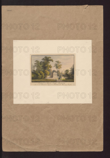Monument erected to Prince Józef Poniatowski in Leipzig; graphic print depicting monument to Prince Józef Antoni Poniatowski (1763–1813) surrounded by dogs in Reichenbach-Gerhard Garden, Leipzig, Saxony; Napoleonic era (after 1814, 1799–1815); dimensions: height 10.9 cm (or 11.5 cm) × width 16.3 cm.