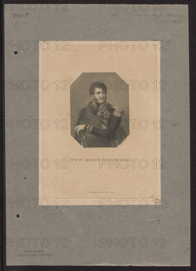Portrait of Prince Józef Poniatowski; artist: Friedrich Wilhelm Bollinger (1777–1825), graphic artist; publisher: Baptista Weiss (Berlin; fl. ca. 1810–1850); subject: Józef Antoni Poniatowski (1763–1813), Napoleonic era (1799–1815); inscriptions/attributions: Witke-Jezewski, Dominik (1862–1944); iconography: orders, sabers, busts, male portrait; medium: German graphic print; date: before 1825; dimensions: 20.7 × 15.6 cm and 22 × 16.3 cm.