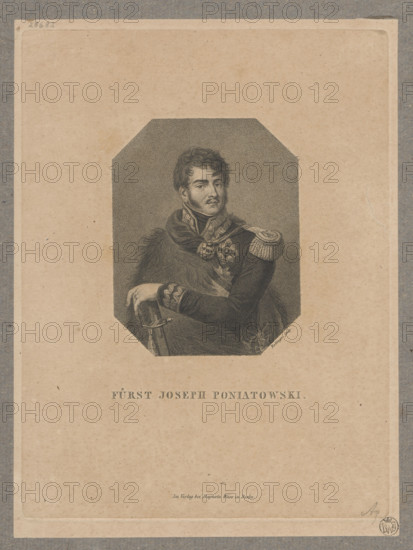 Portrait of Prince Józef Poniatowski; artist: Friedrich Wilhelm Bollinger (1777–1825), graphic artist; publisher: Baptista Weiss (Berlin; fl. ca. 1810–1850); subject: Poniatowski, Józef Antoni (1763–1813), Napoleonic era (1799–1815); iconography: orders, sabers, busts, male portrait; style/medium: German graphic print; date: before 1825; dimensions: 20.7 × 15.6 cm and 22 × 16.3 cm.