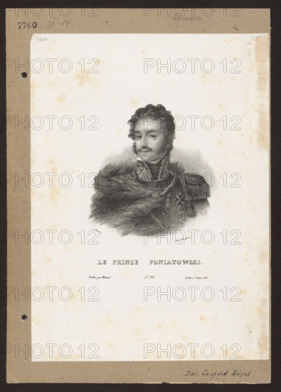 Portrait of Prince Józef Poniatowski, Blaisot, Antoine Barru (1794–1876), publisher; Maurin, Antoine (1793–1860), draughtsman; Ducarme, Pierre François (fl. ca. 1823–1833), draughtsman; ca. 1825, Paris; graphic print (French graphics), Polish male portrait; Napoleonic era (1799–1815); subject: Poniatowski, Józef Antoni (1763–1813) — iconography; Méyet, Leopold (1850–1912) — related; Witke-Jezewski, Dominik (1862–1944) — related; busts, portraits, orders; height 29.7 cm, width 21.7 cm.