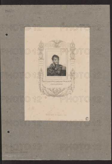Portrait of Prince Józef Poniatowski; publishers: Danlos (Paris), Clerget, Charles-Ernest (draughtsman); draughtsmen: Charles-Ernest Clerget, Jean-Alexandre Allais (1792–1850); depicts Józef Antoni Poniatowski (1763–1813); Napoleonic era (1799–1815); iconography includes eagles, busts, panoplies, orders; male portrait in French graphic style; Polish; 1828, Paris; graphic print; height 21.2 cm, width 14.6 cm.