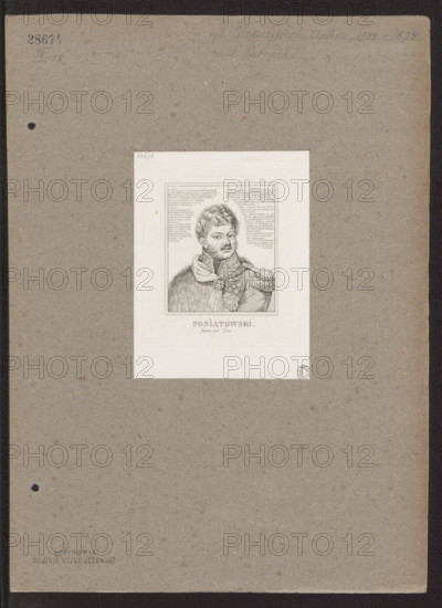 Portrait of Prince Józef Poniatowski; artists: Antoni Oleszczynski (1794–1879) and Fabian Sarnecki (1800–1894); subject: Józef Antoni Poniatowski (1763–1813); Napoleonic era (1799–1815); related to Dominik Witke-Jezewski (1862–1944) and his depiction/iconography of Poniatowski, portraits, busts; Polish graphic art, print graphic; male portrait; dated 1832–1833, Paris; dimensions: 11.2 × 9.5 cm and 13.8 × 10.7 cm.