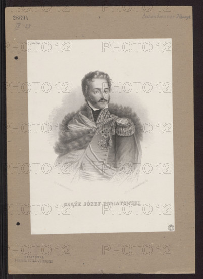 Portrait of Prince Józef Poniatowski, lithograph by Adam Dzwonkowski (Warsaw; lithographic workshop; 1859–1872), publisher Henryk Aschenbrenner (fl. 1857–1864). Subject: Poniatowski, Józef Antoni (1763–1813), Napoleonic era (1799–1815). Includes iconography, portraits, busts, orders; French-style graphics; male portrait. Date: 1857–1864. Place: Warsaw. Medium: graphic print. Dimensions: height 25.5 cm; width 19.2 cm.
