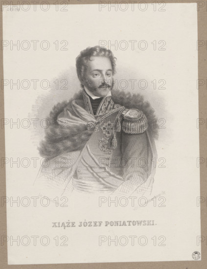 Portrait of Prince Józef Poniatowski; lithograph by Adam Dzwonkowski (Warsaw; lithographic workshop; 1859–1872), published by Henryk Aschenbrenner (fl. 1857–1864). Depicts Józef Antoni Poniatowski (1763–1813) — Napoleonic era (1799–1815). Includes portrait iconography, bust, orders; French-style graphics; male portrait. Graphic print, Warsaw, 1857–1864. Dimensions: height 25.5 cm, width 19.2 cm.