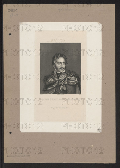 Portrait of Prince Józef Poniatowski; graphic print; Linsen, L., graphic artist (fl. ca. 1839–1856); Richter'schen Buchhandlung, publisher (Berlin; fl. ca. 1840); subject: Poniatowski, Józef Antoni (1763–1813), Napoleonic era (1799–1815); iconography: portraits, bust; orders depicted; style: German graphics; date: 1840; dimensions: 20.8 × 11.7 cm and 24.5 × 18.2 cm.