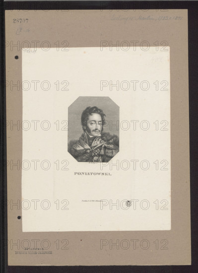 Portrait of Prince Józef Poniatowski; publisher: Schumann, Gebrüder (Zwickau; publishing house; 1807–1840); graphic artist: Esslinger, Martin (1793–1841); subject: Poniatowski, Józef Antoni (1763–1813), Napoleonic era (1799–1815); artist/creator: Witke-Jezewski, Dominik (1862–1944); subjects/themes: portraits, Poniatowski iconography, busts, orders, male portraits; origin/style: Poland, German graphics, Zwickau; date: 1820–1840; medium: graphic print; dimensions: 16.7 × 10.7 cm and 25 × 20.1 cm.