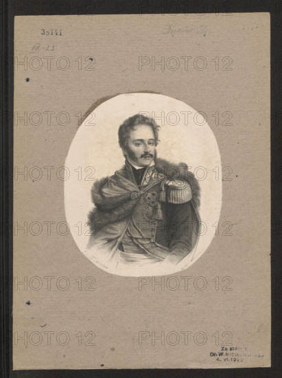 Portrait of Prince Józef Poniatowski; lithograph by Wladyslaw Dümler (fl. 1860–1868), lithographic workshop of Adam Dzwonkowski (Warsaw; active 1859–1872); depicts Józef Antoni Poniatowski (1763–1813), Napoleonic era (1799–1815); subject: male bust/portrait, orders; Polish graphics, 1860–1868; graphic print; height 18 cm, width 15.4 cm.