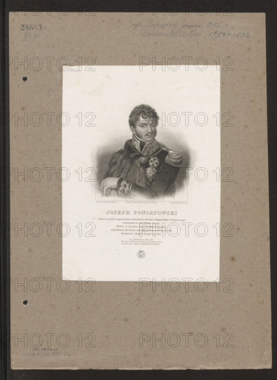 Portrait of Prince Józef Poniatowski; graphic print after Antoni Brodowski (painter); graphic artist: James Hopwood (ca.1795–1855, young); publisher: Leonard Chodzko (1800–1871); depicts Józef Antoni Poniatowski (1763–1813), Napoleonic era (1799–1815); includes iconography of Józef Antoni Poniatowski; related to Dominik Witke-Jezewski (1862–1944) — busts; style: Polish/French graphics; subject: men's portrait, orders, Order of the Legion of Honor; date: 1839–1841, Paris; medium: graphic print; dimensions: height 21.1 cm, width 15.5 cm.