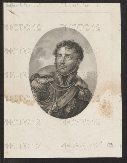 Portrait of Prince Józef Poniatowski; Nicolas Octave Tassaert (1800–1874), graphic artist; Napoleonic era (1799–1815); subject: Poniatowski, Józef Antoni (1763–1813) — iconography, portraits, busts, orders, male portrait; French graphics; circa 1825; graphic print; dimensions: 20.5 × 17.7 cm and 23.2 × 17.2 cm.