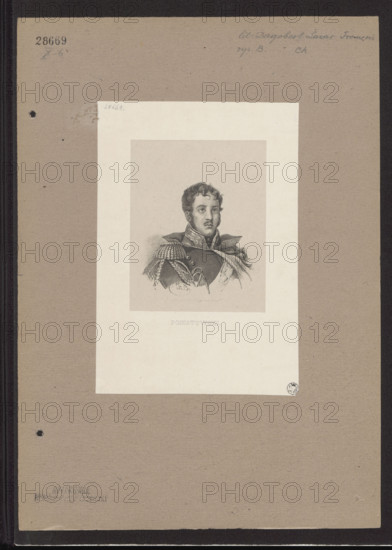 Portrait of Prince Józef Poniatowski; lithograph by Degobert (Brussels; lithographic workshop; fl. ca. 1840–ca. 1862), publisher; Napoleonic era (1799–1815); depicts Poniatowski, Józef Antoni (1763–1813); also associated with Witke-Jezewski, Dominik (1862–1944); iconography, portraits, busts, orders; Belgian graphic print, ca. 1850, Brussels; medium: graphic print; dimensions: 11.7 × 9.3 cm and 20 × 13.8 cm.