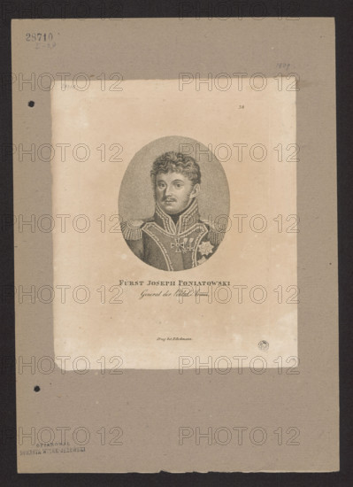 Portrait of Prince Józef Poniatowski; graphic artist: Peter Bohmann (fl. 1800–182?); publisher; subject: Józef Antoni Poniatowski (1763–1813); artist/engraver: Dominik Witke-Jezewski (1862–1944); Napoleonic era (1799–1815); iconography: Poniatowski — bust, orders, male portrait; Order of the Legion of Honour; Czech graphic print; before 1830; Prague; dimensions: 19.3 × 14.5 cm and 22.2 × 18.7 cm.