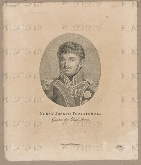 Portrait of Prince Józef Poniatowski; graphic print; graphic artist Bohmann, Peter (fl. 1800–1820s), publisher; depiction of Poniatowski, Józef Antoni (1763–1813); Napoleonic era (1799–1815); iconography and portraits, busts, orders, male portrait; Order of the Legion of Honour; Czech graphics; before 1830; Prague; graphic print dimensions: 19.3 × 14.5 cm and 22.2 × 18.7 cm; maker/attribution includes Witke-Jezewski, Dominik (1862–1944).