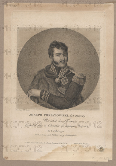 Portrait of Prince Józef Poniatowski; artists/publishers: Justine Lesuire (fl. ca. 1810), Bourdain (fl. 1825), publisher Bourdain (fl. 1825); subject: Poniatowski, Józef Antoni (1763–1813); maker/attribution: Witke-Jezewski, Dominik (1862–1944); period/style: Napoleonic era (1799–1815); iconography: Poniatowski — portraits, busts, orders, sabers, male portrait; French/Polish graphic print; dates: 1825, Paris; dimensions: 23.3 × 15.5 cm and 26 × 18.2 cm.