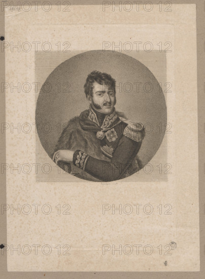 Portrait of Prince Józef Poniatowski; artists: Justine Lesuire (fl. ca. 1810) and Bourdain (fl. 1825), publisher Bourdain (fl. 1825); subject: Poniatowski, Józef Antoni (1763–1813), Napoleonic era (1799–1815); iconography by Witke-Jezewski, Dominik (1862–1944); media/details: French graphic print, portraits, busts, orders, sabres; male portrait; Poland; date: 1825; place: Paris; dimensions: 23.7 × 15.5 cm and 28 × 20.2 cm.