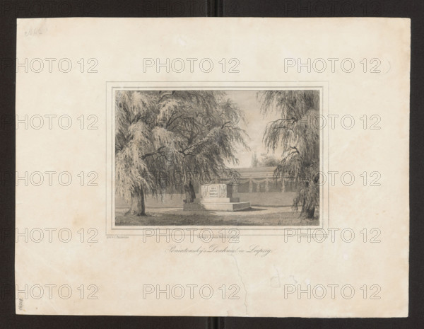 Monument erected to Prince Józef Poniatowski in Leipzig; lithograph by Fritzsche, J. G.; Carl Patzschke (1813–1871); Louis Rocca (publisher, fl. ca. 1850–ca. 1870). Depicts the monument to Prince Józef Antoni Poniatowski (1763–1813) in the Reichenbach-Gerhard garden, Leipzig, with trees; Napoleonic era association (1799–1815). Includes coats of arms, Poland White Eagle. German graphic print, ca. 1860. Image dimensions: 16.5 × 21.0 cm (print), 28 × 37.1 cm (sheet).