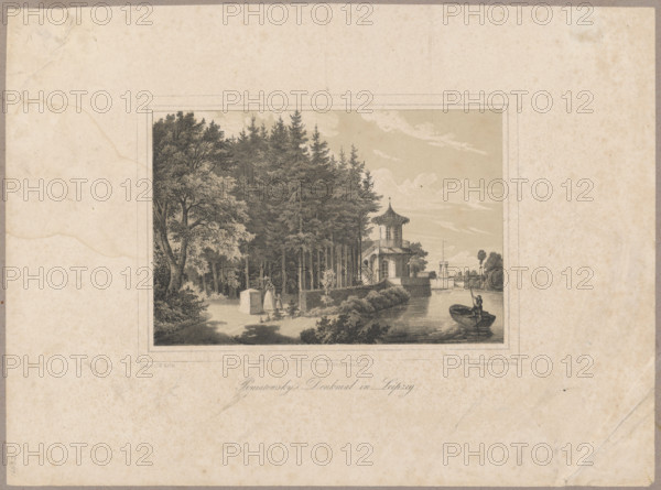 Monument erected to Prince Józef Poniatowski in Leipzig, Arldt, Carl Wilhelm (1809-1868), graphic artist; Vecchio del, Pietro (1768-1829), publisher; Braunsdorf, J. (fl. ca 1840-1910), publisher; Napoleonic era (1799-1815); monuments, Leipzig (Germany); Poniatowski, Józef Antoni (1763-1813); death; boats; Reichenbach-Gerhard garden (Leipzig); Poniatowski, Józef Antoni (1763-1813) - iconography; German, Polish graphics; Prince Józef Poniatowski Monument (Leipzig); 1840-1850; Dresden, Leipzig; graphics; graphic print; height 17.3 cm, width 21.2 cm, height 26.7 cm, width 36.1 cm