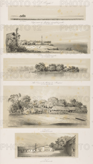 Xingu; 1) Xingu, near the mouth, seen from upstream, December 1, 1842; 2) Veiros, seen from upstream, December 1, 1842; 3) Ilha Roxa, at the mouth of the Moaxipana River, December 1, 1842; 4) Pombal, December 22, 1842; 5) Luzel, December 9, 1842. Adalbert (Prince of Prussia; 1811–1873), draughtsman; Wilhelm Loeillot (1827–1876), graphic artist. Travels in Brazil, lithographs, 1847. Graphic print; sheet: height 50.9 cm, width 35.2 cm; compositions (individual plate heights and widths): 4.6 × 24.0 cm; 8.2 × 27.0 cm; 7.1 × 27.0 cm; 13.2 × 27.0 cm; 7.9 × 19.2 cm. Subjects: houses, exotic vegetation, churches, village views, rivers, cottages; style: German graphic travel illustrations.