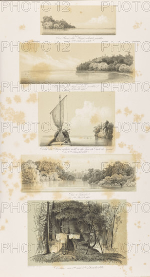 1) Luzel near Guara, up the Xingu River, December 2, 1842; 2) Ponta de Page near Guara, up the Xingu River, December 2, 1842; 3) View up the Xingu River, with Ponta de Tapara on the right in the distance, December 2, 1842; 4) Rio Tucurui, December 3, 1842; 5) Bivouac, 3–4 December 1842. Adalbert, Prince of Prussia (1811–1873), draughtsman; Wilhelm Loeillot (1827–1876), graphic artist. South America, Brazil; travels, exoticism; lithographs of rivers, jungle, boats, camps; Xingu River views, 1847. Graphic print, album sheet: height 50.9 cm, width 35.2 cm. Compositions—heights and widths: 5.4 × 14.0 cm; 7.5 × 21.3 cm; 10.2 × 14.1 cm; 7.5 × 21.3 cm; 12.0 × 18.3 cm.