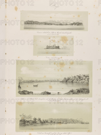 Xingu; 1) Waterfall above Martinho's hut looking downstream, December 9, 1842; 2) Puinteua looking downstream, December 9, 1842; 3) View from Carlos's hut upstream, on the right the mouth of a branch of the Xingu into which the Iriri River flows, December 10, 1842; 4) View from Castanhal on the Serra on the left bank, 10 December 1842; Adalbert (Prince of Prussia; 1811–1873), draughtsman; Wilhelm Loeillot (1827–1876), draughtsman; South America (continent), Brazil, travels, jungle, German graphics, lithographs, exoticism, rivers, rocks, equatorial forests, waterfalls, 1847; graphic print, graphics, album; sheet: height 50.9 cm, width 35.2 cm; compositions: 1) height 7.0 cm, width 24.2 cm; 2) height 7.2 cm, width 14.5 cm; 3) height 13.2 cm, width 27.3 cm; 4) height 10.6 cm, width 27.3 cm
