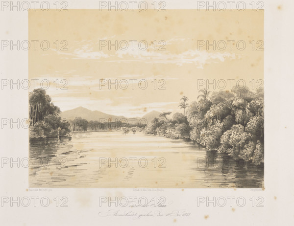 Serra do Iriri looking down the river, 10 December 1842; Tempeltei, Julius Friedrich (1802–1870); Adalbert (Prince of Prussia; 1811–1873); South America; Brazil; Serra do Iriri (Brazil); Iriri (Brazil, river); equatorial forests; jungle; rivers; exoticism; travels; travelogues; lithograph/graphic print, 1847; album; views; composition: height 17.6 cm, width 23.1 cm