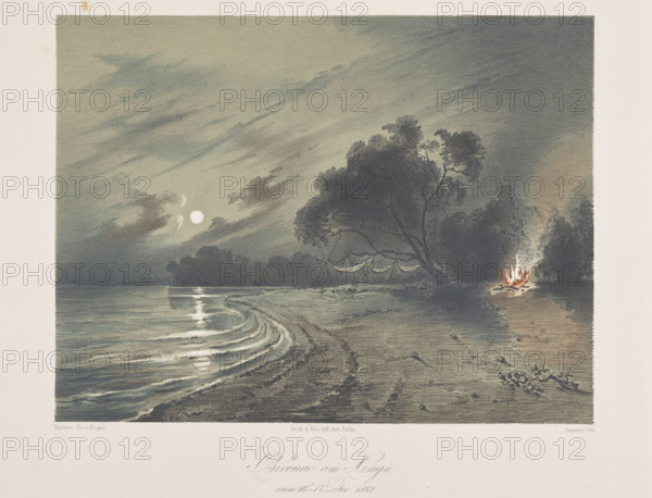 Bivouac am Xingu, from the series 'Skizzen zu dem Tagebuche von Adalbert Prinz von Prussen. 1842-1843.', engraving printed on a factis album page, Adalbert (Prince of Prussia; 1811–1873), draughtsman, Tempeltei, Julius Friedrich (1802–1870), draughtsman, South America, Brazil, travels, German graphics, lithographs, exoticism, trees, camps, rivers, beaches, hammocks, Xingu (Brazil; river), views, 1847, graphic print, album; composition: height 16.5 cm, width 21.8 cm