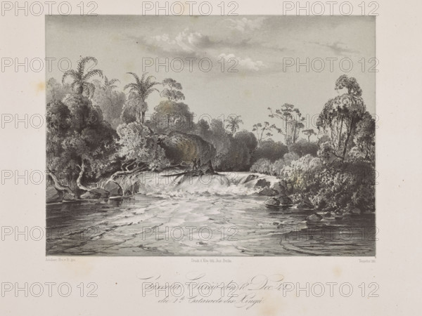 Caxao Falls, 18 December 1847, second cataract of the Xingu River; draughtsmen: Adalbert (Prince of Prussia, 1811–1873) and Julius Friedrich Tempeltei (1802–1870); lithograph; subject: boats, rivers, Indigenous people, waterfalls; style: German travel graphics/exoticism; medium: graphic print; album sheet; dimensions: 15.3 × 21.0 cm.