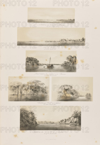 1) View of the Xingu River in the Amazon, December 23, 1842; 2) Rio das Amazonas, December 26, 1842; 3) Last view from Taijapuru in the Amazon, December 26, 1842; 4–5) Tall jungle in Taijapuru, December 26, 1842; 6) View from the Furo dos Velhos in den Tayapurú, 27 December 1842; Adalbert, Prince of Prussia (1811–1873); South America, Brazil; lithographs; German graphics; travel/exoticism theme; jungle, rivers, equatorial forests, Amazonia, Xingu River; views; 1847; graphic print, album sheet; sheet: height 50.9 cm, width 35.2 cm; compositions: 5.2 × 16.2 cm; 6.3 × 23.3 cm; 7.4 × 17.4 cm; 8.5 × 14.1 cm; 8.4 × 14.2 cm; 8.4 × 20.9 cm.