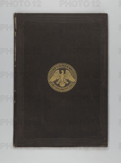 Album binding titled 'Skizzen zu dem Tagebuche von Adalbert Prinz von Prussen, 1842-1843'; Wilhelm Loeillot (1827–1876), graphic artist; Adalbert, Prince of Prussia (1811–1873), graphic artist; factis albums; travels; German graphics; medallions; eagles; emblems; thematic entries: publishing houses, diaries, travel diaries, illustrations; Brazil; views; 1847; book binding; album; album page; irregular composition dimensions: height 50.9 cm, width 35.2 cm.