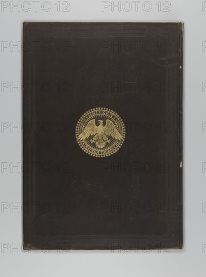 Album binding titled 'Skizzen zu dem Tagebuche von Adalbert Prinz von Prussen, 1842-1843.' Maker: Wilhelm Loeillot (1827–1876), graphic artist. Associated with Adalbert, Prince of Prussia (1811–1873). Medium/format: book binding; album; album page. Subject/contents: travels; illustrations; Brazil views; German graphics; medallions; eagles; emblems; travel diary illustrations. Date: 1847. Dimensions (album page, irregular composition): height 50.9 cm, width 35.2 cm.