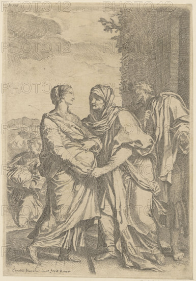 The Visitation; Carlo Maratti (1625–1713), graphic artist; The Visitation (iconographic); Saint Elizabeth; Zacharias (priest, Bible); 17th century, Rome; graphic print.