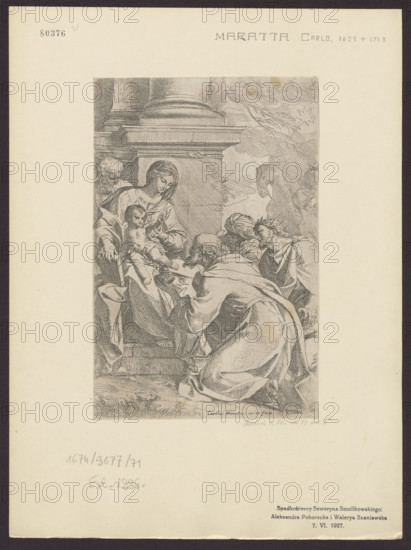 Adoration of the Magi; Carlo Maratti (1625–1713), graphic artist; iconography: Adoration of the Magi with camels; Seweryn Smolikowski (1850–1920), Justinian Karnicki (1806–1876); dated 1645–1660, Rome; graphic print, graphic.