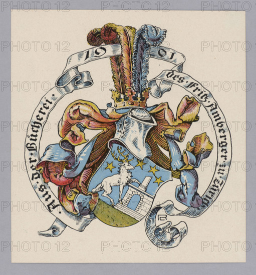 Buchplate (bookplate) for Fritz Amberger (1869–1948), 1901. Graphic print, 11.2 × 10.4 cm. Designed by Lorenz Max Rheude (1863–1939) and Dominik Witke-Jezewski (1862–1944). Depicts coats of arms, heraldic helmets, deer, bird feathers, banderole; heraldic-text German bookplate; woodcut/graphic artist style; intended for private library use in Zürich.