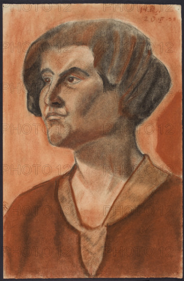 Portrait of a Woman (Rembowska, Hanna, 1912–1947), portrait study made during studies at the Warsaw Municipal School of Decorative Arts and Painting. Portrait study of a model drawn with negro crayon and sanguine; surfaces covered with smeared sanguine pastel. 1933. Drawing; height 49.9 cm, width 63 cm. Maker: Cukierówna, Maria (fl. ca. 1950–ca. 1975).
