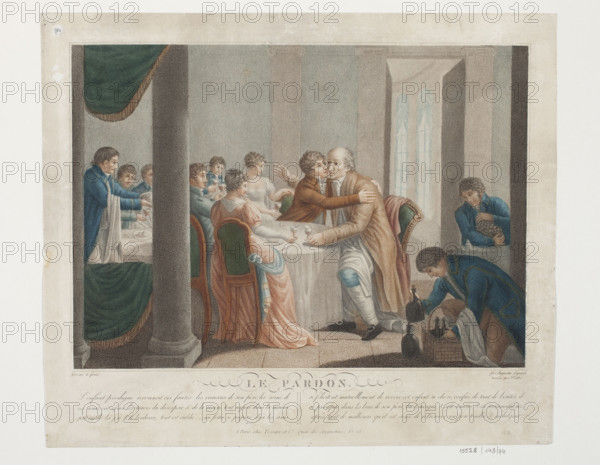 Le pardon, from the series The Story of the Prodigal Son; Duthé, J. (1788–1869); Augustin Legrand (1765–ca.1850). Subject: The Prodigal Son (Bible), genre scene of a feast — a father rejoicing at the return of his child who had betrayed him. Medium/technique: stippled copperplate engraving (stipple technique, maniere crayon influence). Style: fashionable classicism with a somewhat stiff, dry effect. Date: before 1810. Type: print/graphic print. Dimensions: height 31.4 cm, width 37.5 cm. Notes: Augustin Legrand, French engraver, etched and produced stipple and maniere crayon works and published his own engravings; Duthé, J., French engraver and publisher in Paris, specialized in stippled copperplate engraving. The engraving belongs to a series illustrating the biblical story of the Prodigal Son, transferred by Legrand to his own times, and is an example of the late use of the stipple technique in France.