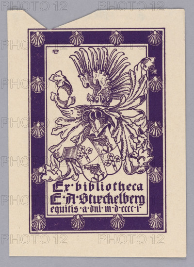 Ex bibliotheca EA Stueckelberg equitis ad^ni mdccci; Rheude, Lorenz Max (1863–1939), graphic artist; Witke-Jezewski, Dominik (1862–1944); shells; Stückelberg, Ernst Alfred (1867–1926); coats of arms; Witke-Jezewski, Dominik (1862–1944) — bookplate; German graphics; German; heraldry; heraldic helmets; heraldic-text bookplates; coats of arms; 1901; graphic; bookplate; graphic print; height 9.5 cm; width 6.3 cm