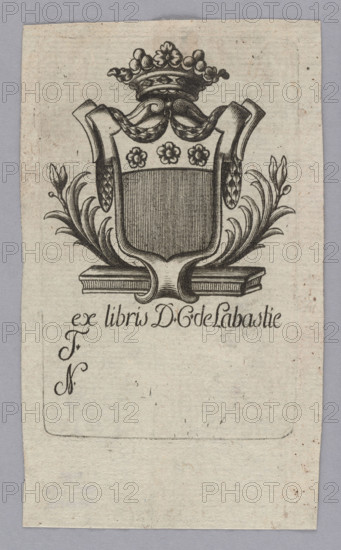 Ex libris DG de Labastie; bookplate by Fogasse after Paul-André de La Bastie (1756–1830) and Witke-Jezewski, Dominik (1862–1944). Graphic print, heraldic bookplate depicting coats of arms with lilies (fleur-de-lis) and rank crowns; numbering from book collections. French, 18th–19th century. Dimensions: height 8.7 cm, width 5.5 cm.
