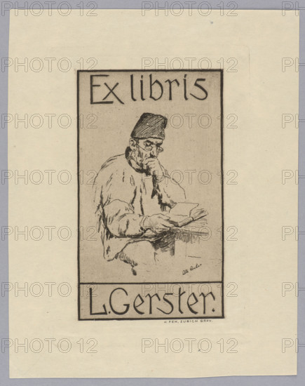 Ex libris L. Gerster; Heinrich Feh (1836–1908), publisher; Albert Anker (1831–1910), graphic artist; Ludwig Gerster (1846–1923); Dominik Witke-Jezewski (1862–1944); bookplate; genre scene of reading—men wearing glasses; Swiss graphics; Switzerland; libraries, private libraries; 1904, Zurich; graphic print; height 12.0 cm, width 7.8 cm