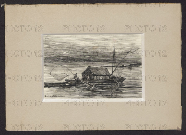 Fishing boat; Zofia Stankiewicz (1862–1955), illustrator; Karolina Jerzmanowska (1879–1959); Kazimierz Jerzmanowski (ca. 1870–ca. 1939); genre scene of fishing boats and fishermen on water with fishing nets; Polish drawing, Poland; before 1910; drawing; height 9.3 cm, width 14.4 cm