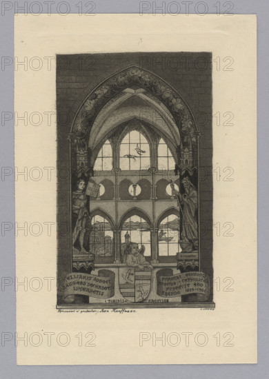 Exlibris Jodoci Reinhard Sacerdotis Lucernatis; Kauffmann, Jean (1866–1924), Swiss graphic artist; heraldic-textual bookplate featuring coats of arms; neo-Gothic architecture with galleries, ribbed vaults, vaults, windows, ornaments, vines; statues in niches, statues of men, winged putti; saints (Maurice of Saint? ca. 290), clergy, knights; landscapes, city views (Lucerne, Switzerland); heraldry; libraries (book collections); 19th/20th century graphic print/bookplate.