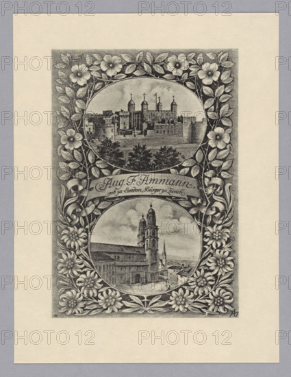 Aug. F. Ammann; Tullberg; Hasse Werner (1844–1929), draughtsman; Hildebrandt, Adolf Matthias (1844–1918), draughtsman. Bookplate with landscape, flowers, plant ornaments, city views, defensive and sacred architecture (including Grossmünster, Zurich, and Tower of London). German and Swedish/Great Britain/Zurich influences; ornaments. Ammann, August Julius Ferdinand (1850–1924). 19th/20th century. Print, typographical impression; bookplate. Height 13.1 cm, width 10.0 cm.
